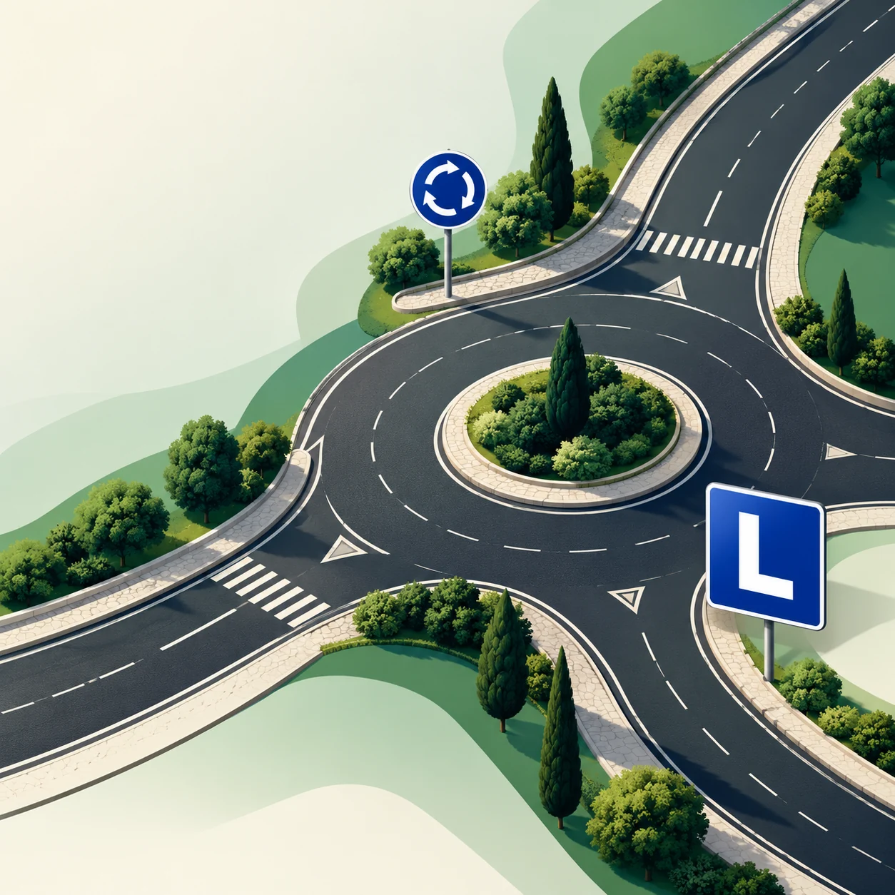 Ilustração de uma rotunda e estrada com sinal de aprendizagem L branco sobre fundo azul